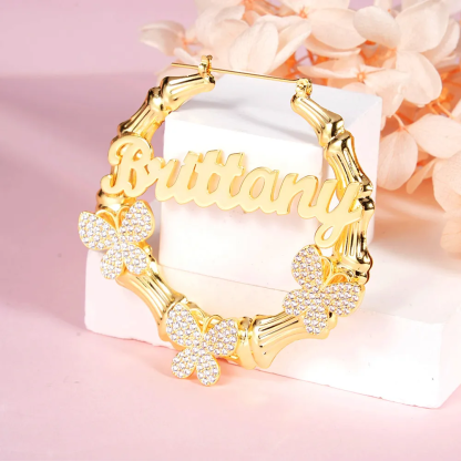 Butterfly Design Personalized Name Necklace And Bamboo Name Earrings Jewelry Set 2pcs 