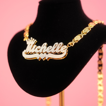 Double Layer Two Tone XOXO Chain with Crown And Heart Personalized Custom Gold Plated Name Necklace-silviax