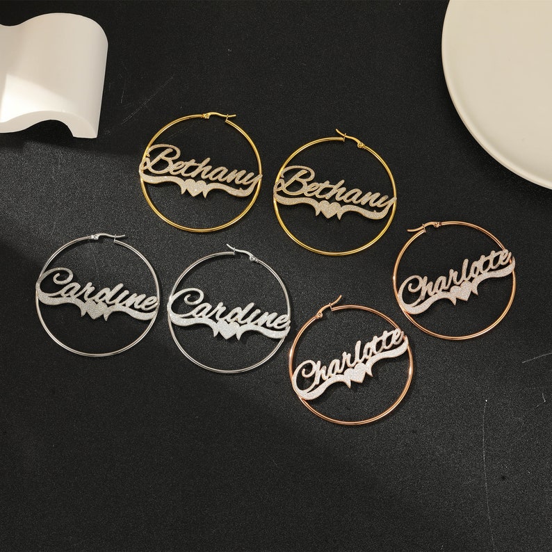 Bling Bling Hoop Earrings with Heart Personalized Gold Plated Name Earrings-silviax