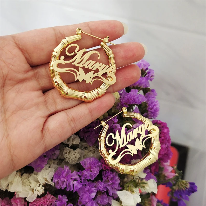 Personalized Custom Gold Plated Underline Butterfly Nameplate Bamboo Earrings