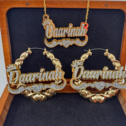 Acrylic Nameplate with Crown and Swirls Heart Personalized Custom Jewelry Set Name Necklace and XOXO Bamboo Name Earrings-silviax