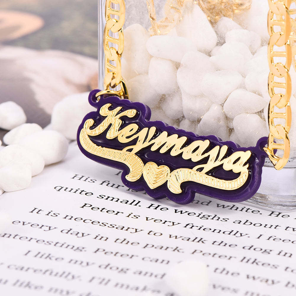 Purple Acrylic with Heart Double Layer Personalized Custom Gold Plated Name Necklace And Name Stud Earring Set-silviax