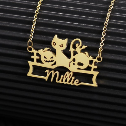 Halloween Gold Plated Personalized Custom Cat Pumpkins Name Necklace Gifts For Kids-silviax