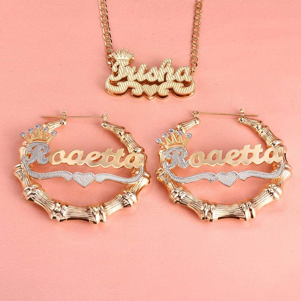 Crown Double Layer Name Necklace And Two Tone Name Bamboo Earrings Personalized Custom Gold Plated Set-silviax