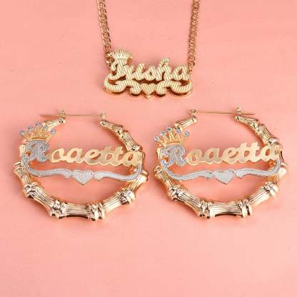 Crown Double Layer Name Necklace And Two Tone Name Bamboo Earrings Personalized Custom Gold Plated Set-silviax