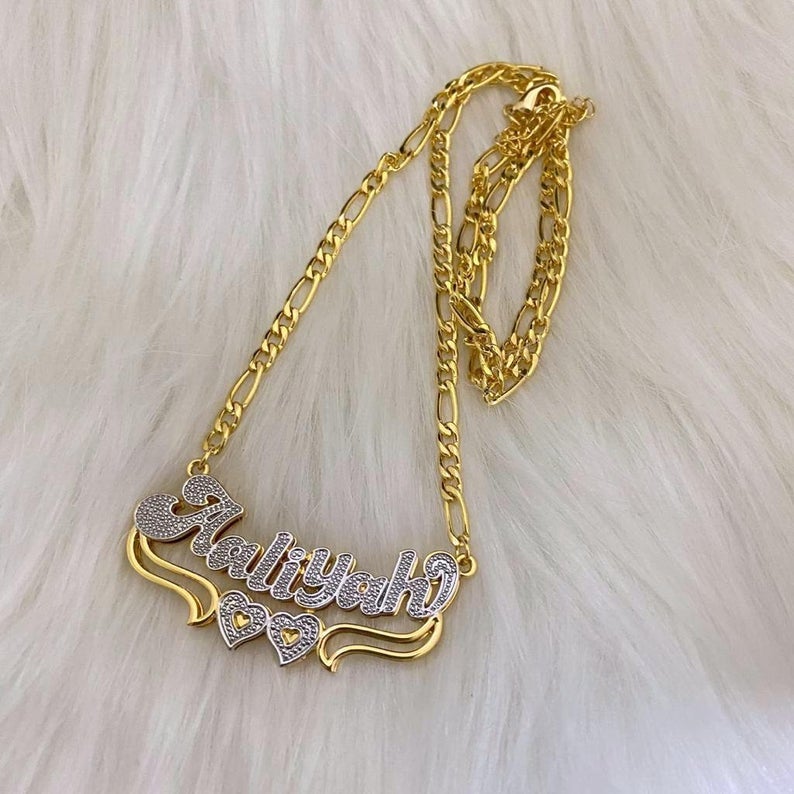Double Layer Two Tone Two Hearts Personalized Custom Gold Plated Name Necklace-silviax