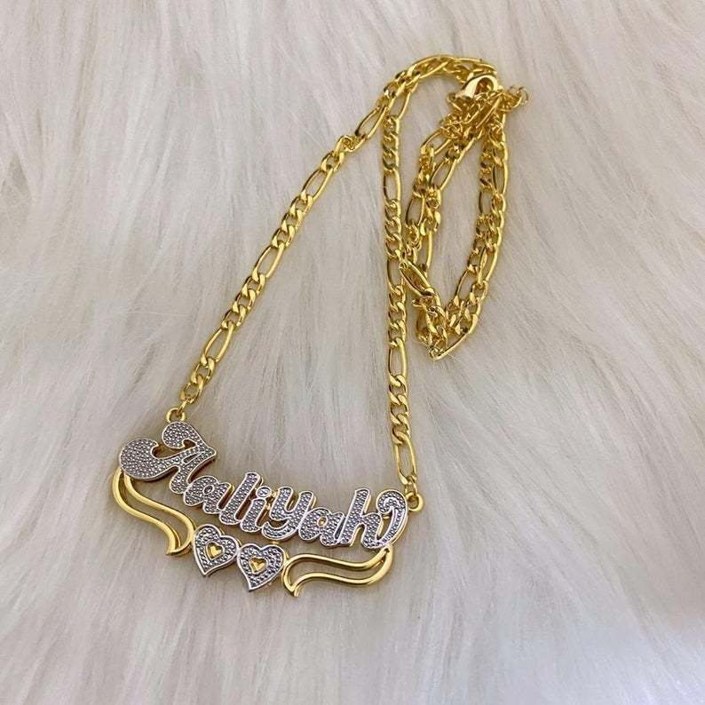 Double Layer Two Tone Two Hearts Personalized Custom Gold Plated Name Necklace-silviax