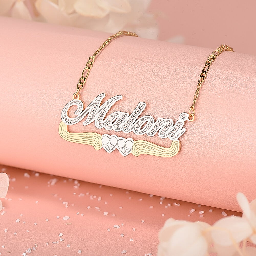 Two Tone Two Heart Custom Gold Plated Name Necklace-silviax