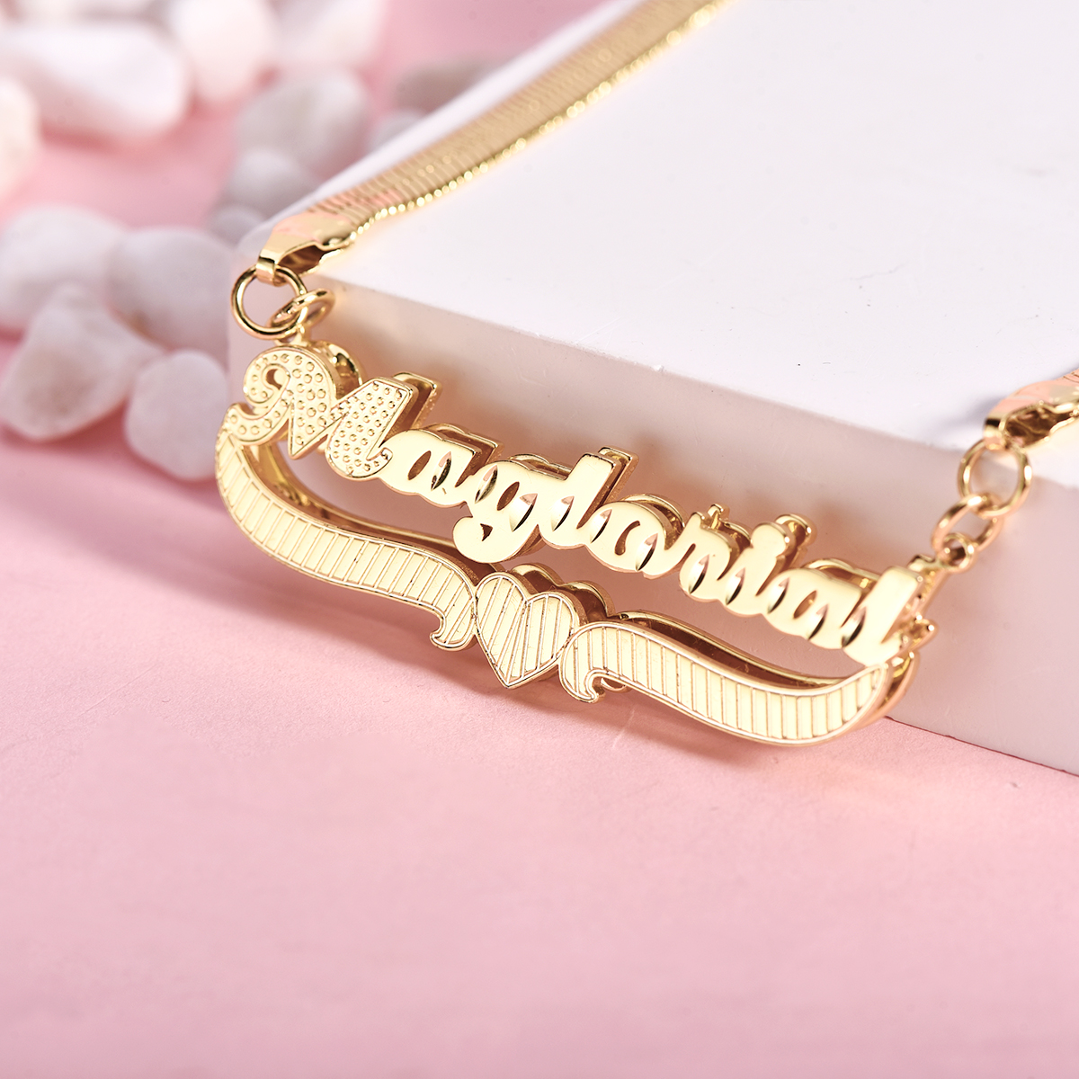 Snake Chain Double Layer Heart Nameplate Pendant Personalized Custom Gold Plated Name Necklace 