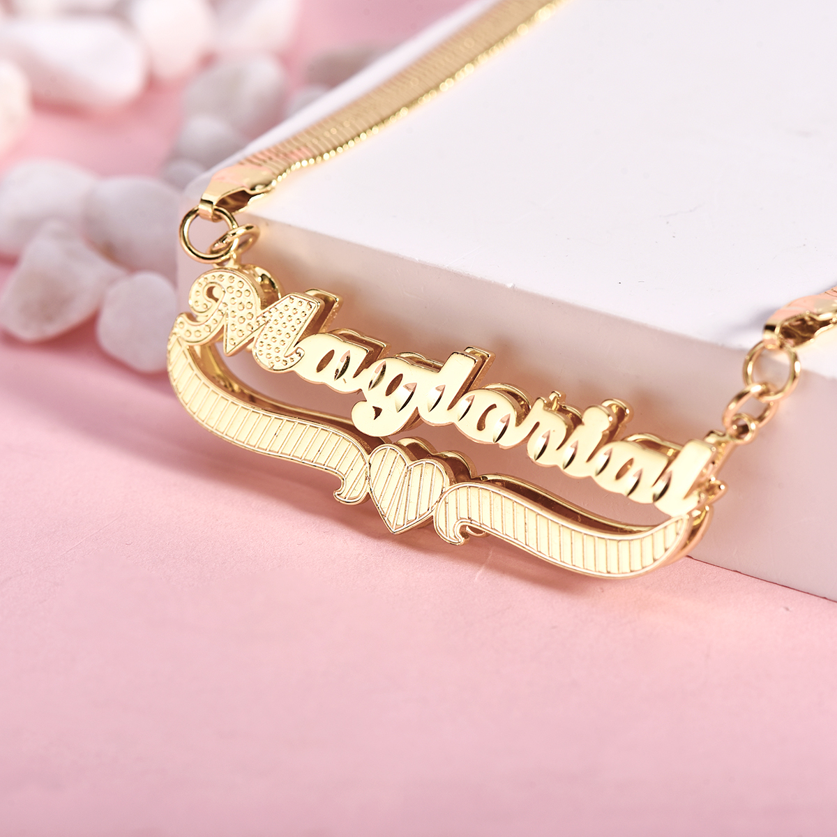Snake Chain Double Layer Heart Nameplate Pendant Personalized Custom Gold Plated Name Necklace -silviax