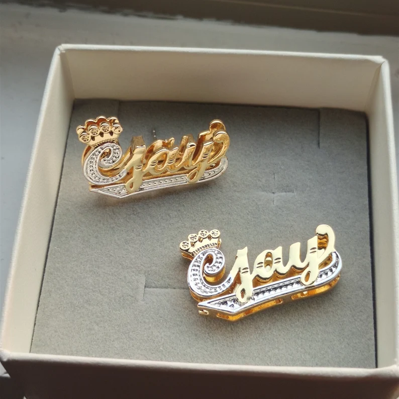 Double Layer Two Tone Crown and Underline Custom Name Stud Earrings-silviax