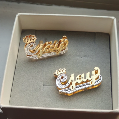 Double Layer Two Tone Crown and Underline Custom Name Stud Earrings-silviax
