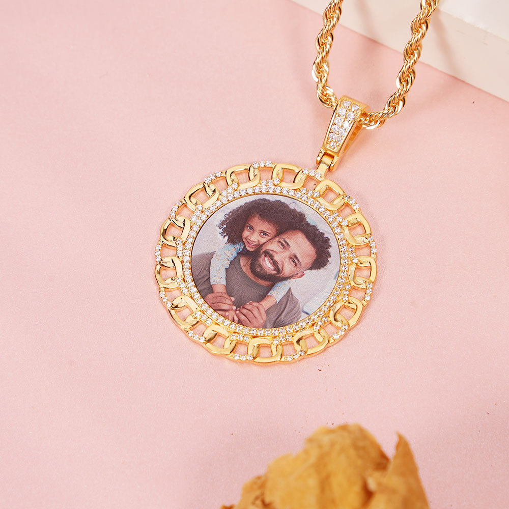 Iced Out Cubic Zircon Personalized Custom Photo Round Necklace-silviax