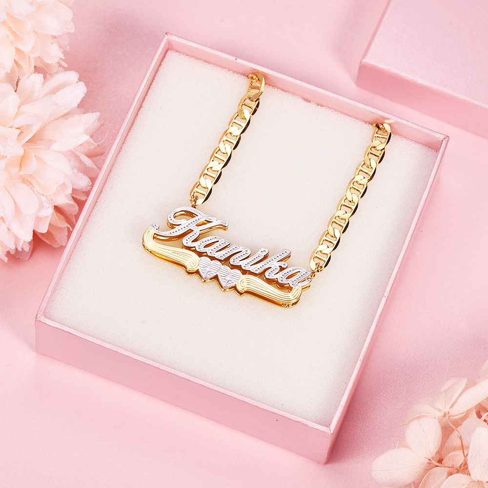 Mariner Chain Two Tone Double Plate Two Heart Personalized 3D Name Necklace-silviax
