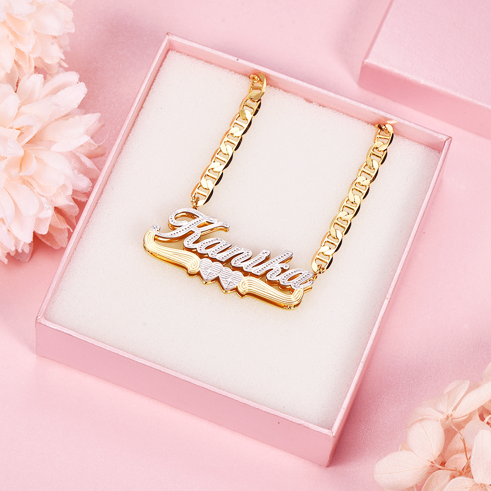 Mariner Chain Two Tone Double Plate Two Heart Personalized 3D Name Necklace-silviax