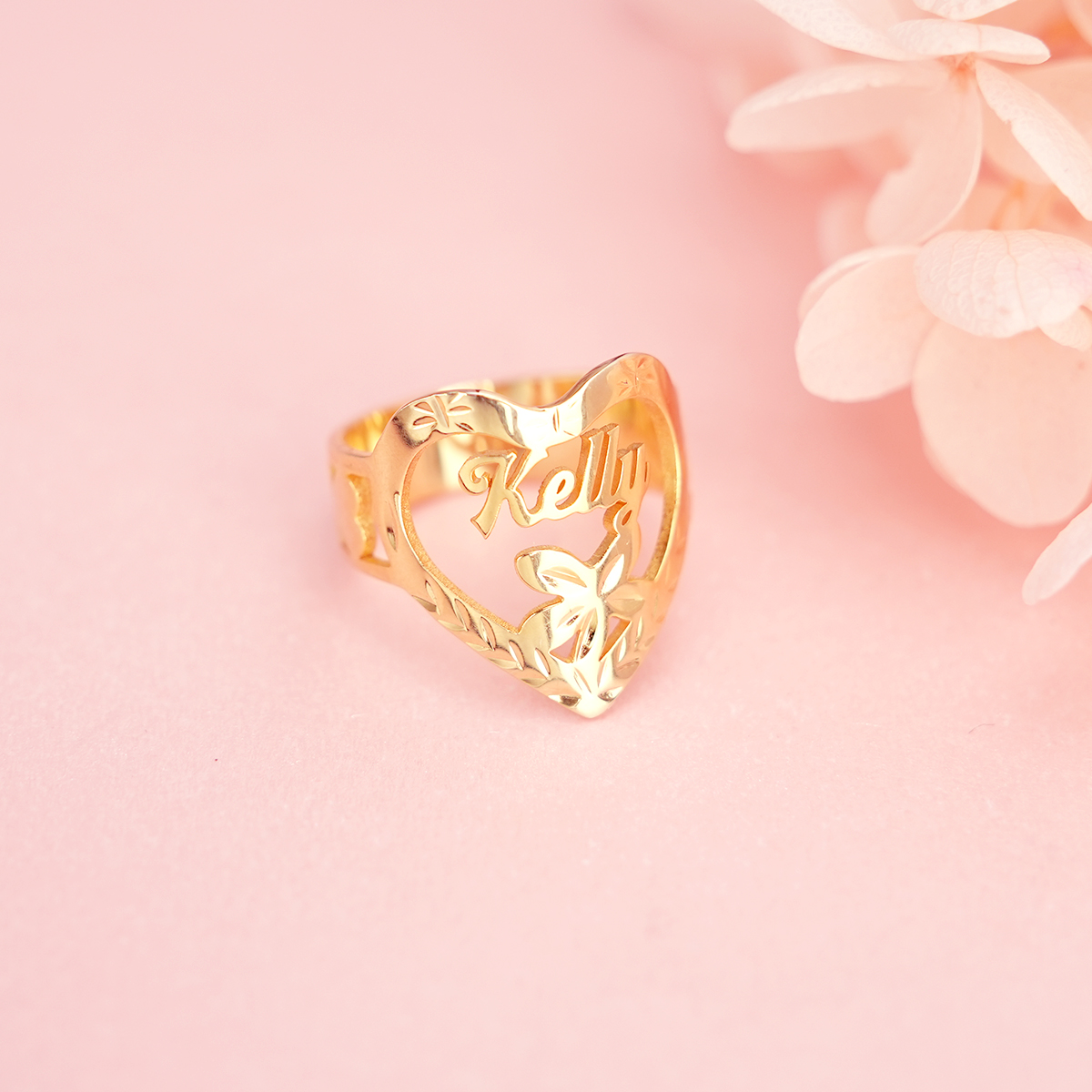 Heart Shaped Flower Engraved Gold Plated Personalized Custom Name Ring-silviax