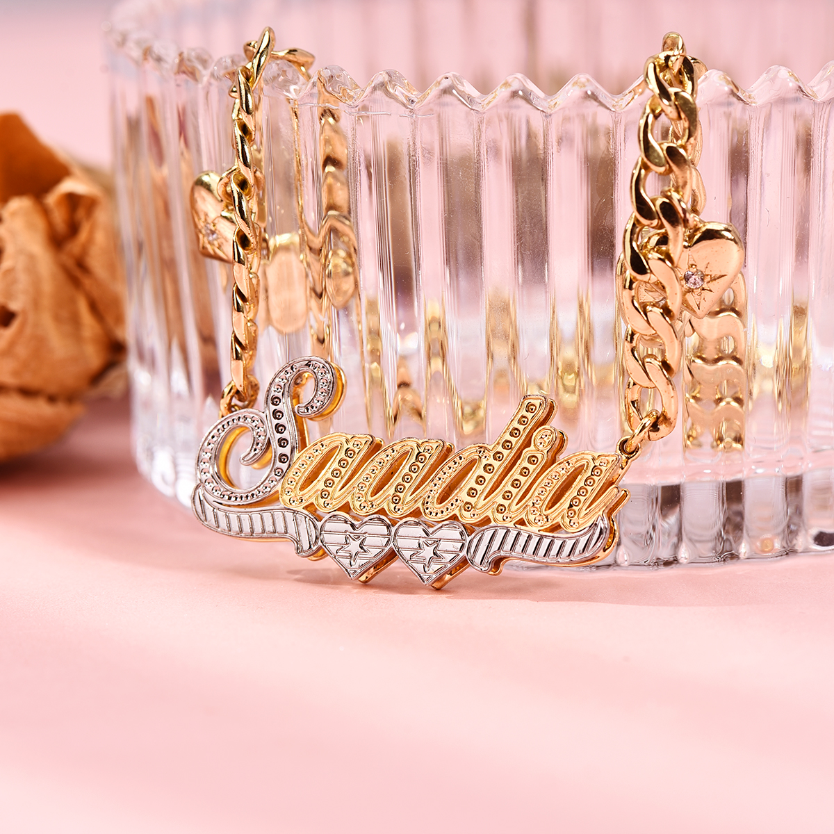 Double Layer Two Tone Two Hearts Cuban Chain With Heart Personalized Custom Gold Plated Name Necklace-silviax