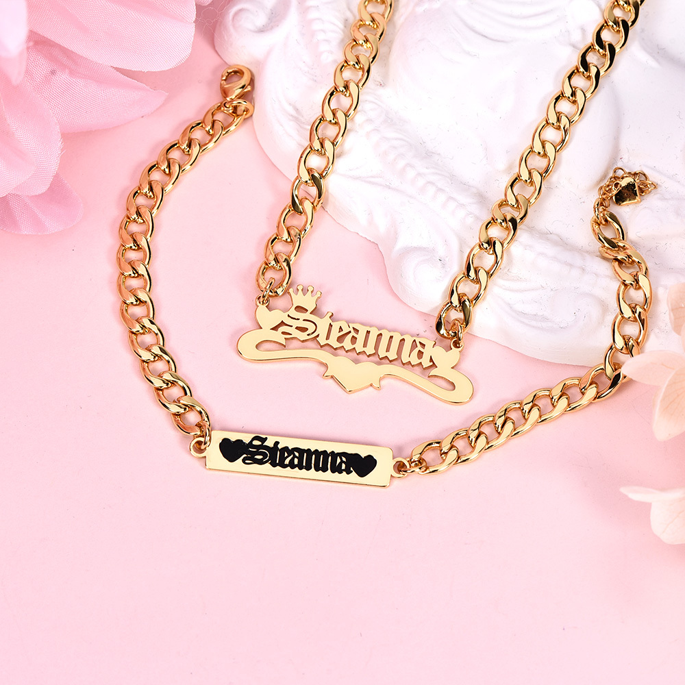 Personalized Three Heart and Crown Nameplate Necklace and Two Hearts Engraved Bar Name Bracelet Set-silviax