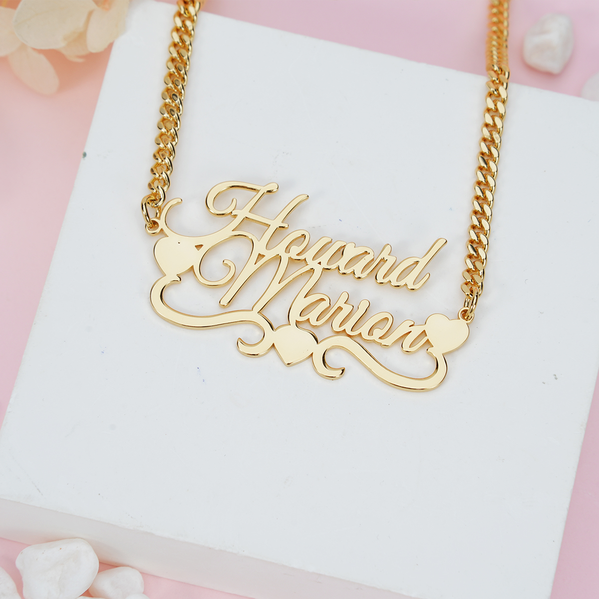 Three Heart and Crown Two Name Pendant Personalized Name Necklace