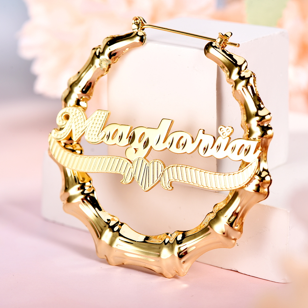 Heart Underline Nameplate Personalized Custom Gold Plated Bamboo Name Earrings-silviax