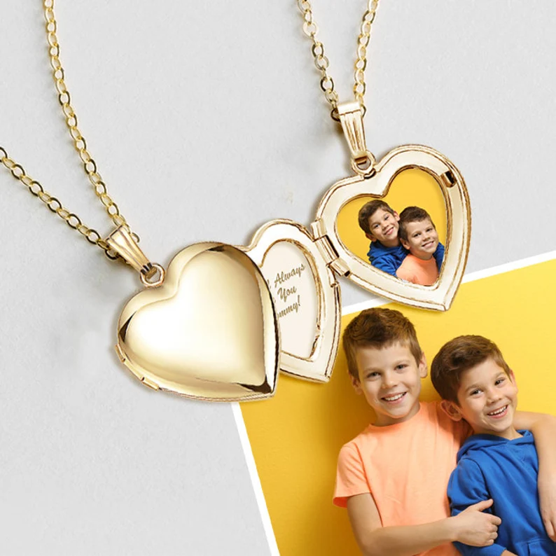 Heart Locket Photo Pendant Personalized Custom Gold Plated Engraved Necklace Couple Gift-silviax