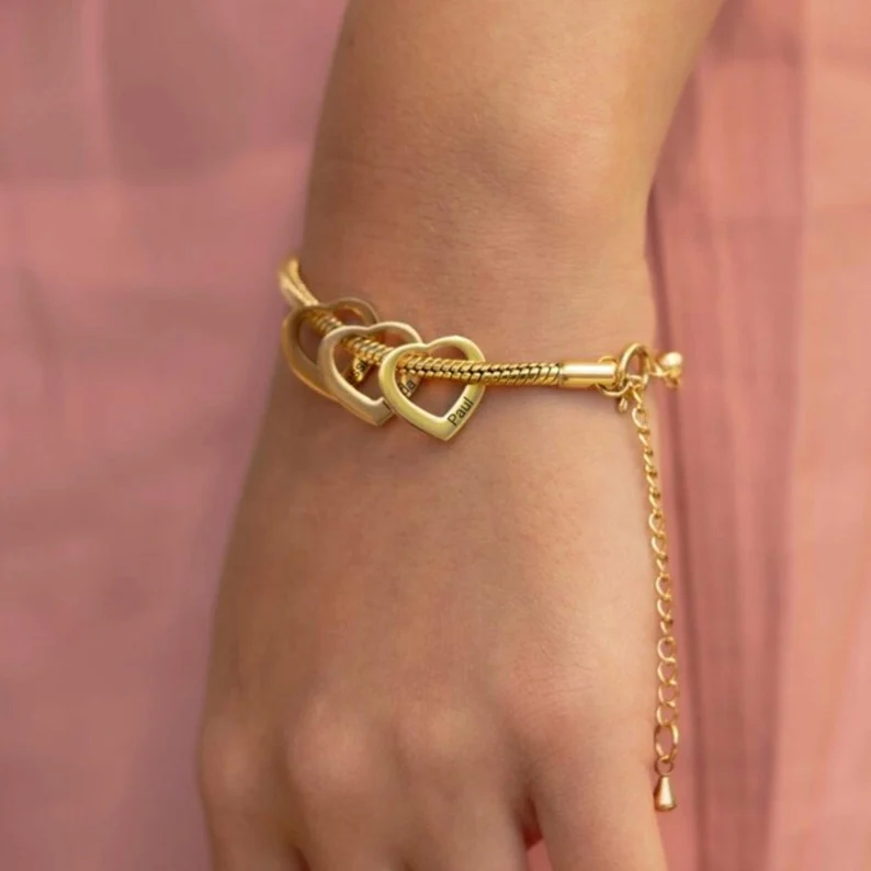Heart Charms Personalized Custom Family 2 To 5 Names Engraved Bracelet-silviax