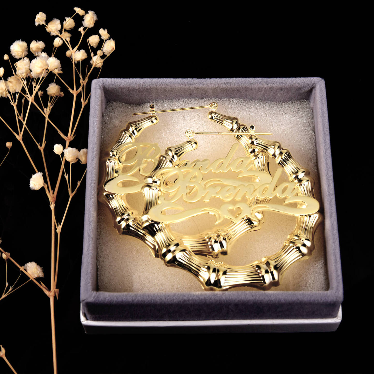 Bamboo Hoop with Heart Personalized Custom Name Earrings Gold Plated-silviax
