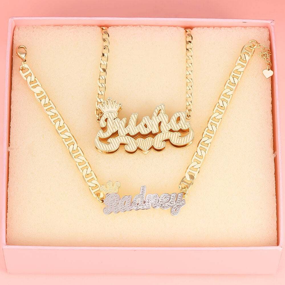 Crown Double Layer Name Necklace And Two Tone Name Bracelet Personalized Custom Gold Plated Set-silviax