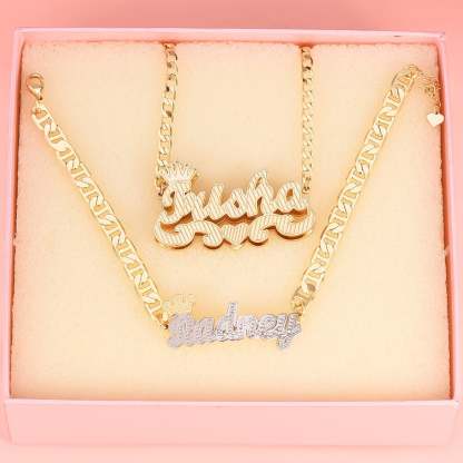 Crown Double Layer Name Necklace And Two Tone Name Bracelet Personalized Custom Gold Plated Set-silviax