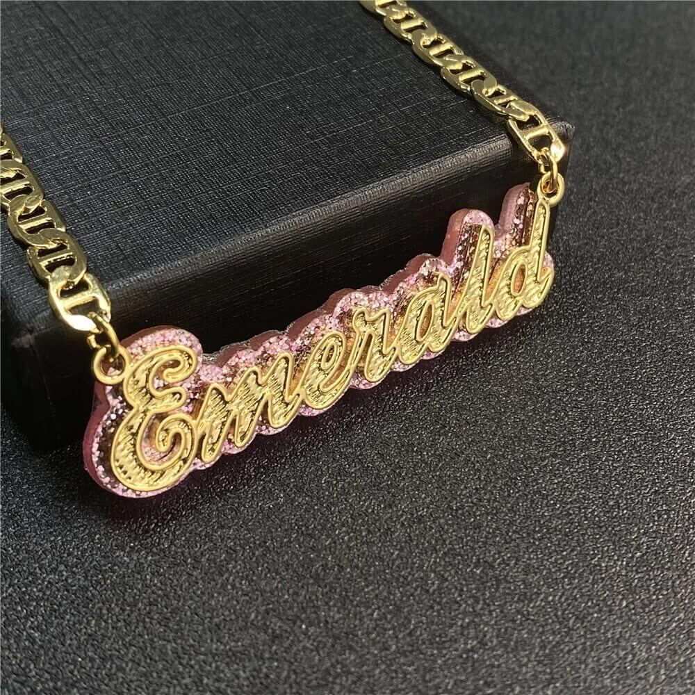 Double Layer Nameplate With Pink Acrylic Base Personalized Custom Gold Plated Name Necklace