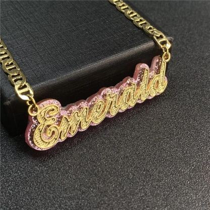 Double Layer Nameplate With Pink Acrylic Base Personalized Custom Gold Plated Name Necklace