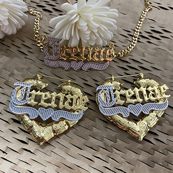 Old English Nameplate with Heart Personalized Name Necklace Heart Bamboo Earrings Set-silviax