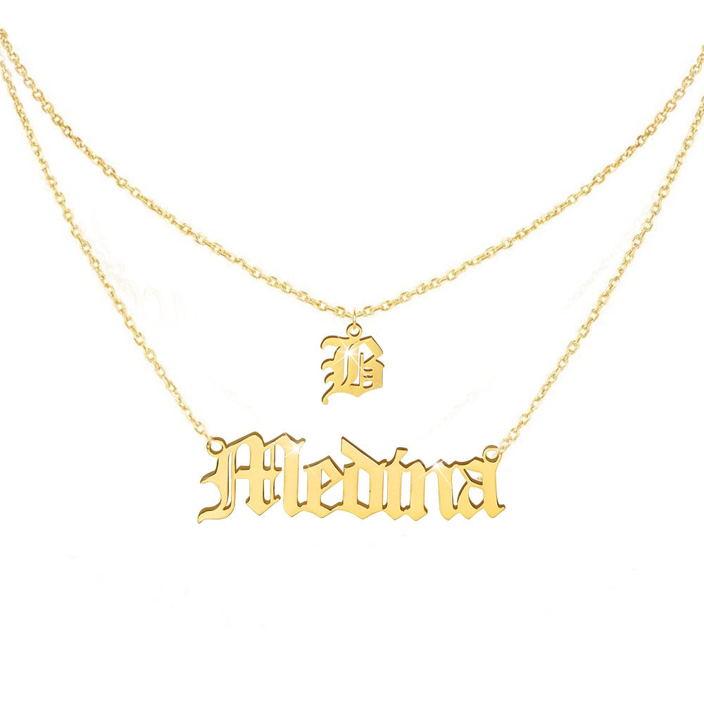 Personalized Layered Old English Initial Necklace and Name Necklace-silviax