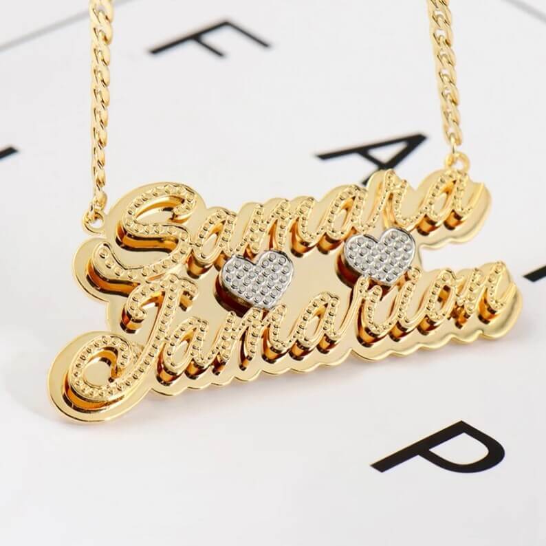 Double Plate Two Tone with Two Hearts Personalized Custom Gold Plated Two Names Necklace-silviax