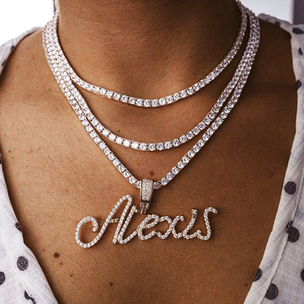 Tennis Chain Gold Plated Cursive Letter Pendant Personalized Custom Name Necklace