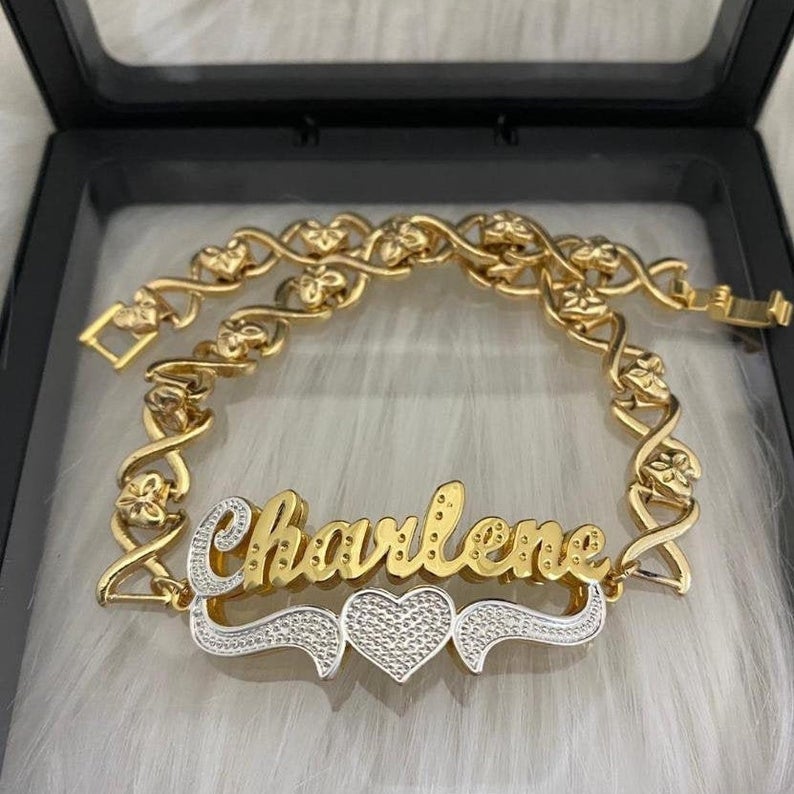 Double Layer Two-tone Heart With XOXO Chain Personalized Custom Gold Plated Name Bracelet and  Name Necklace Set-silviax
