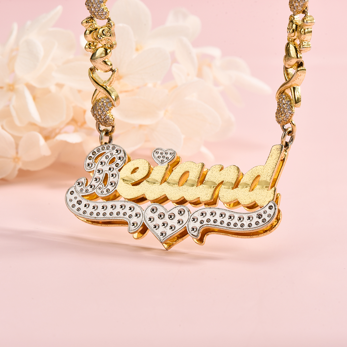 Personalized Double Layer Two Tone with Teddy Bear Heart XOXO Chain Name Necklace and Crown Initial Necklace Set-silviax