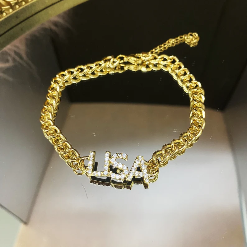 Personalized Custom Gold Plated Zirconia Capital Letter Name Bracelet