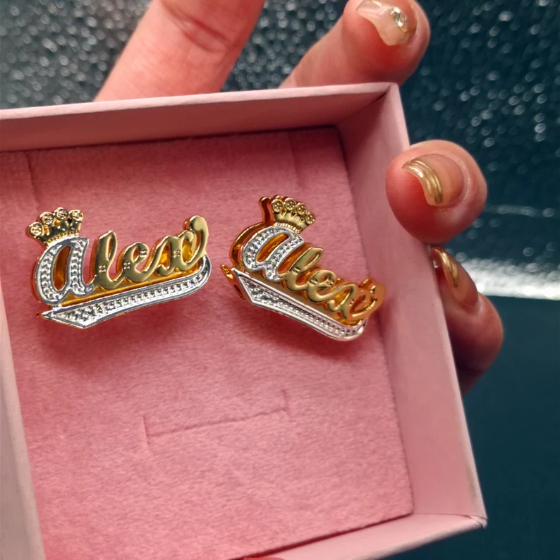 Double Layer Two Tone Crown and Underline Custom Name Stud Earrings-silviax