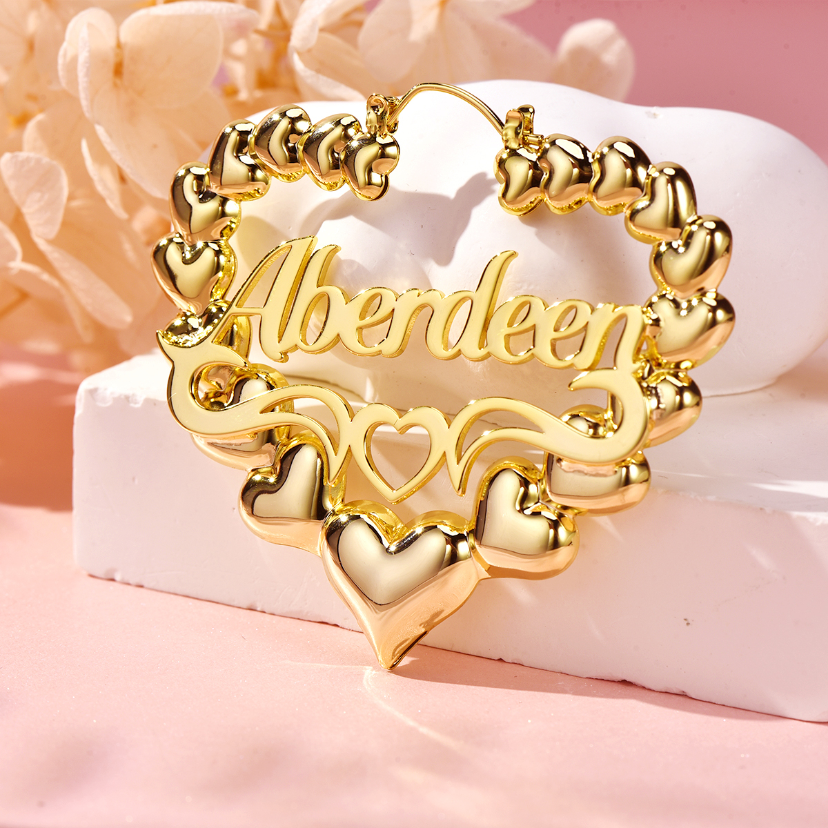 Personalized Custom Heart Shaped Underline Hollow Heart Bamboo Name Earrings-silviax