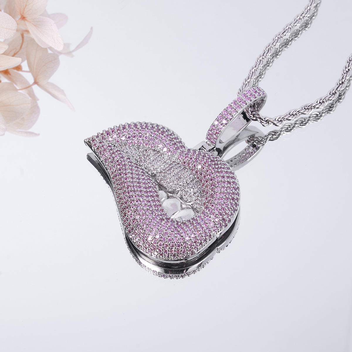 Hip Hop Style Iced Out Zirconia Bling Lip Kiss Pendant Necklace-silviax