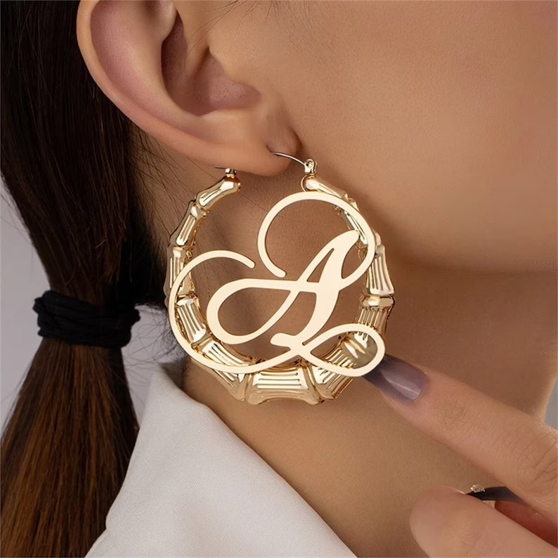 Personalized Custom Gold Plated Initial A-Z Letter Bamboo Name Earrings Gift For Her-silviax