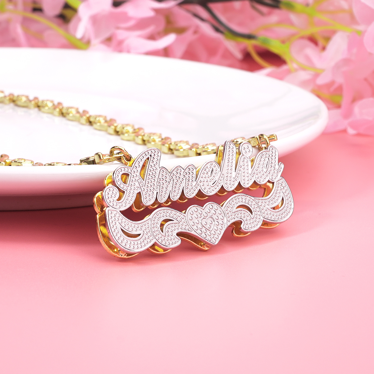 Double Layer Two Tone with Love Heart Gold Plated Personalized Custom 3D Name Necklace