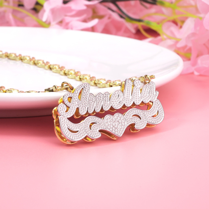 Double Layer Two Tone with Love Heart Gold Plated Personalized Custom 3D Name Necklace