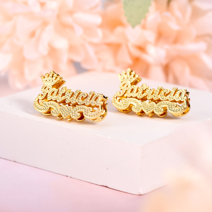 Personalized Custom Double Layer Nameplate with Crown And Heart Name Stud Earrings-silviax