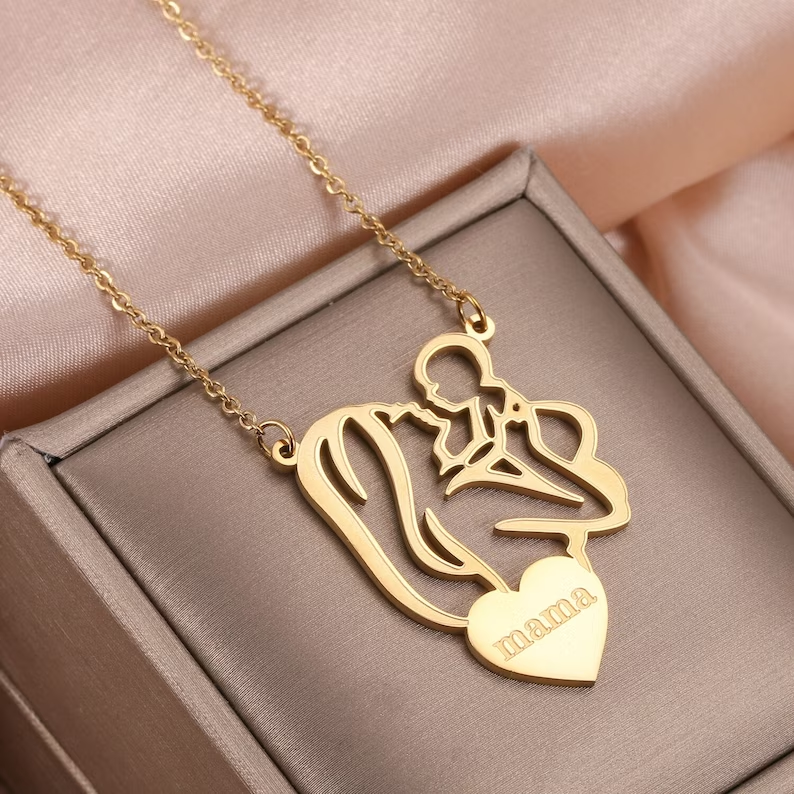 Mum and Baby Heart Pendant Personalized Gold Plated Name Necklace
