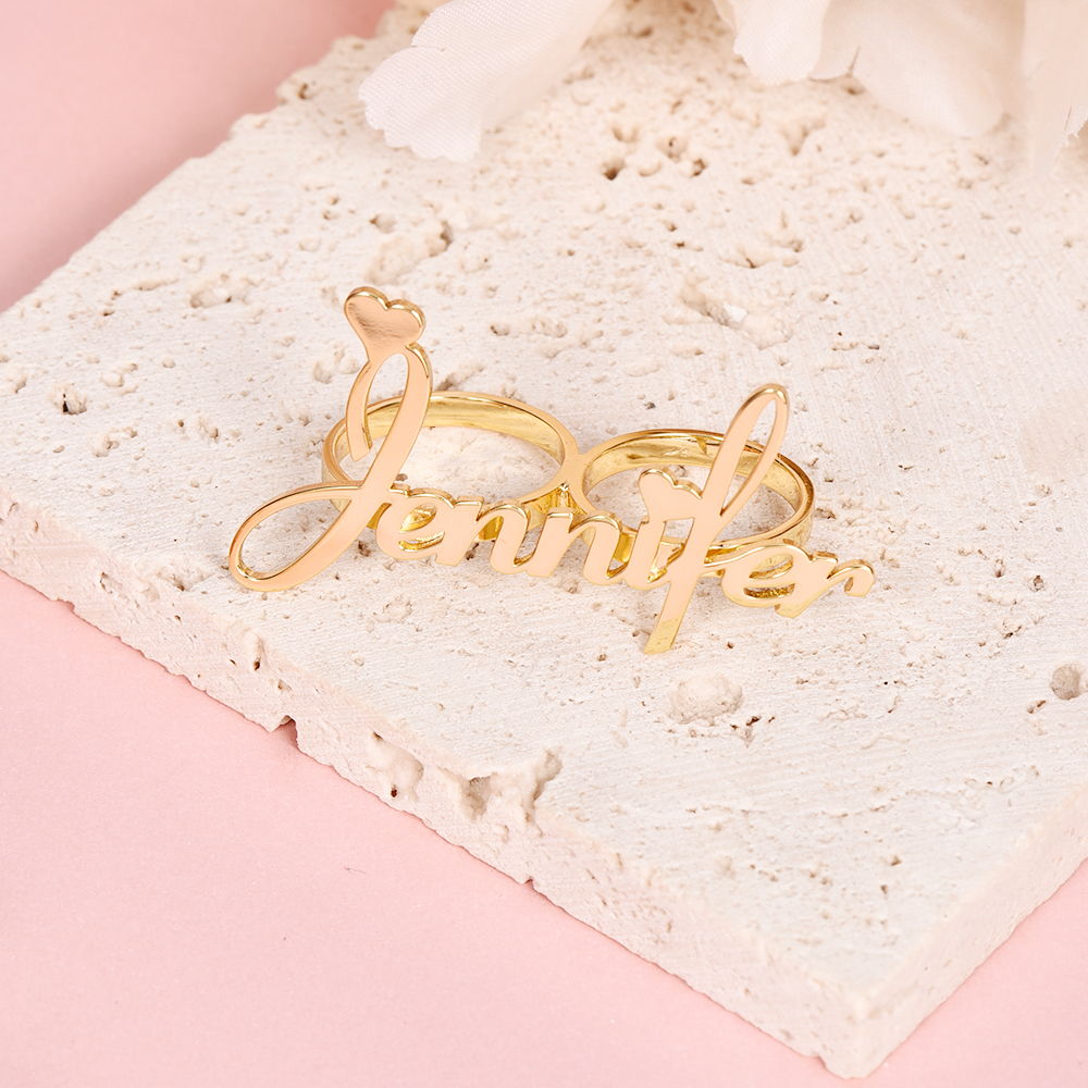 Two Finger Ring Personalized Custom Gold Plated Adjustable Love Heart Name Ring-silviax