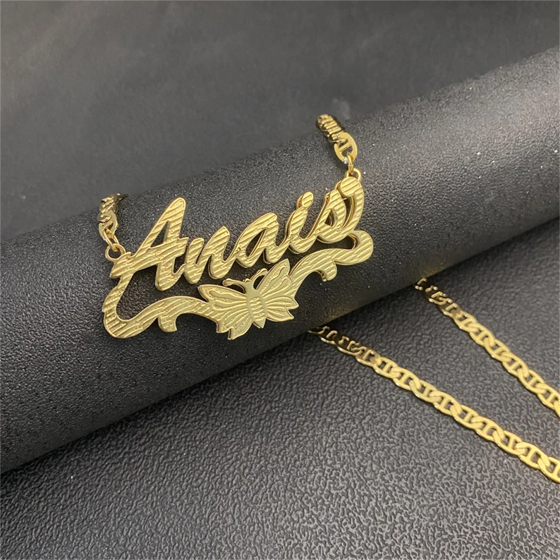 Butterfly Nameplate Double Layer Gold Plated Personalized Custom 3D Name Necklace-silviax