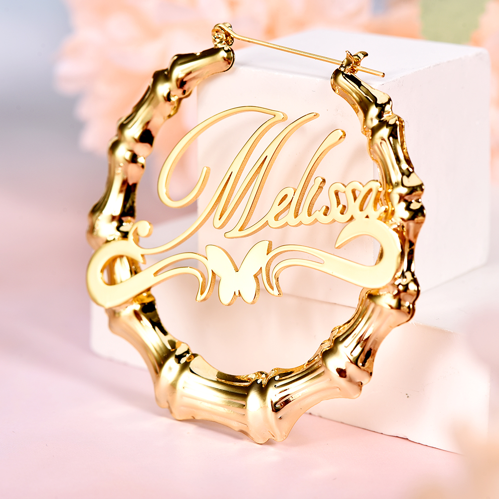 Personalized Custom Gold Plated Underline Butterfly Nameplate Bamboo Earrings-silviax
