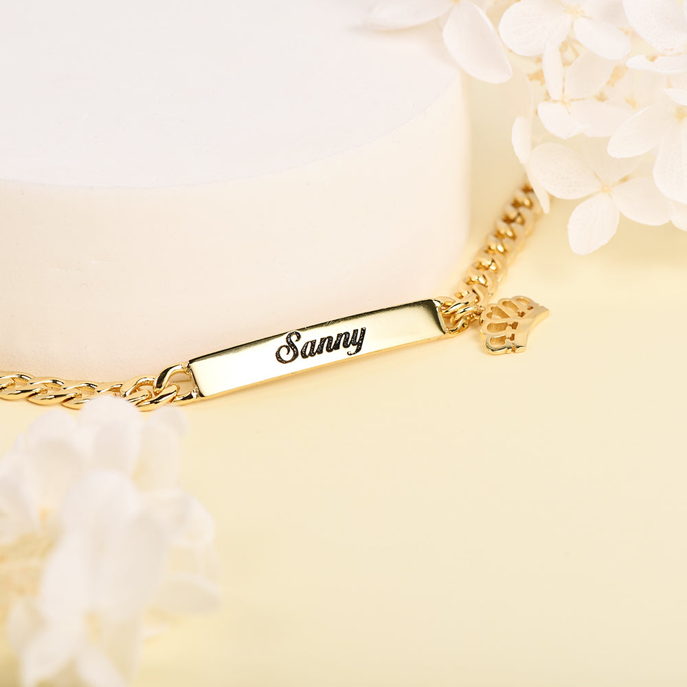 Gold Plated Personalized Cuban Chain Engraved Name Bar Bracelet with Crown Pendant-silviax